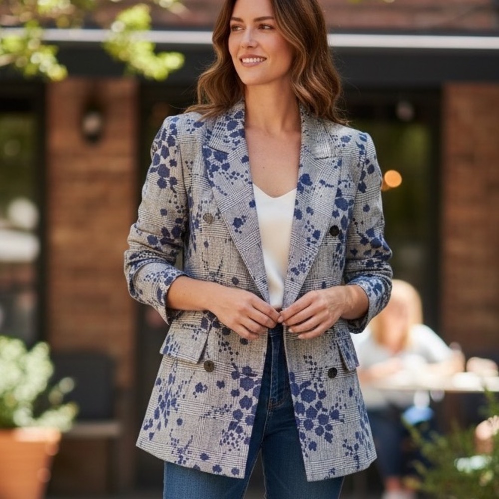 New Step Up Linen Silk Floral Houndstooth Blazer Blue Gray Women's Size 8 (38)